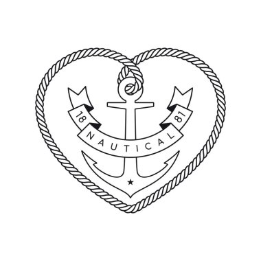 Vector logo rope heart with nautical anchor and ribbon. Text 1881 Nautical. Isolated on white background. clipart