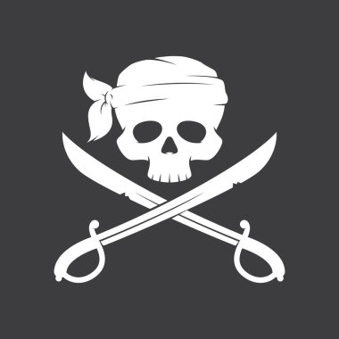 Vektör, başında kılıç ve eşarp olan korsan kafatası çiziyor. Koyu arkaplan.