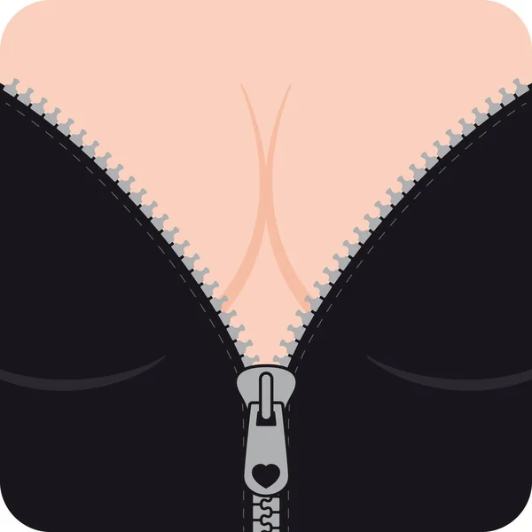 Woman Decollete Black Bra Open Zipper Female Girl Tits Closeup — Stock Vector