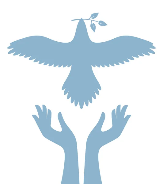 Vektor Kék Szimbólum Segít Kéz Tartó Repülő Galamb Gallyak Fehér — Stock Vector