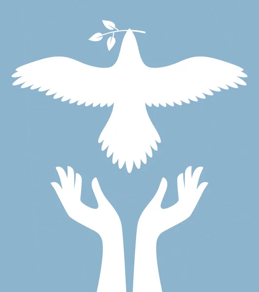 Векторный Символ Помогающий Держать Руках Летающего Голубя Веткой Синий Фон — стоковый вектор