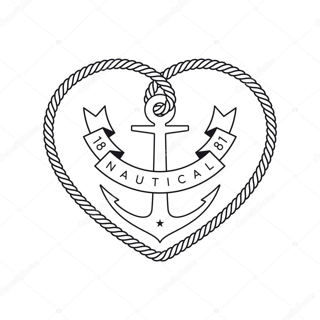 Vector logo rope heart with nautical anchor and ribbon. Text 1881 Nautical. Isolated on white background.