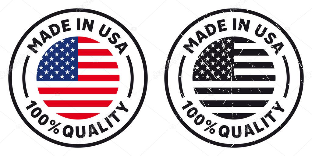 Vector circle symbol. Text Made in USA with flag. Stamp. Isolated on white background.