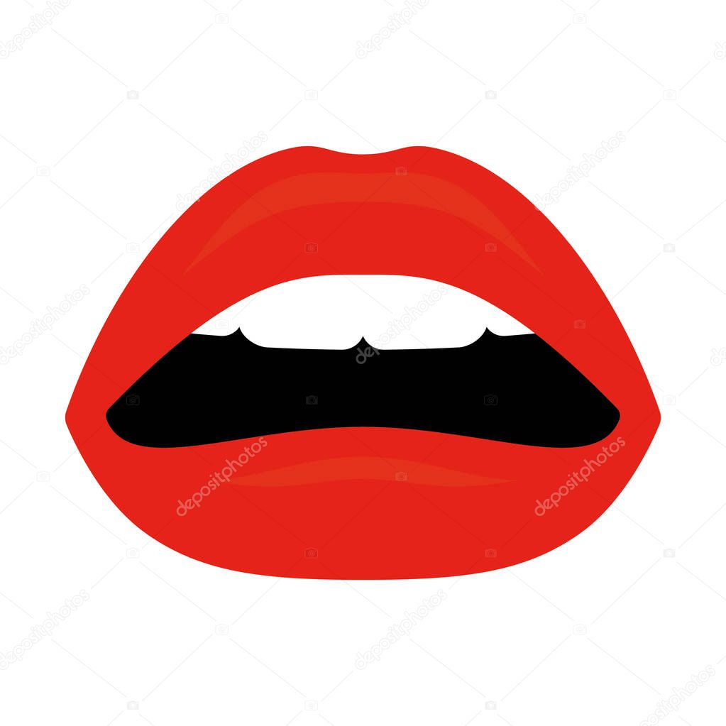 Vector open female red lips with white teeth. Isolated on white background.