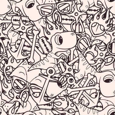 Dinozor, bıçak, kemik, gözlük, çapa, tilki, denizyıldızı, kalp ile vektör sanatı kusursuz doku