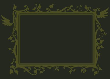 Kalp, yapraklar, kelebekler gibi çeşitli dekoratif elementlere sahip yeşil vektör çerçevesi