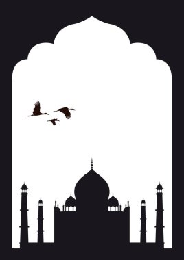 Vector silhouette Indian frame with Taj Mahal and flying herons. clipart