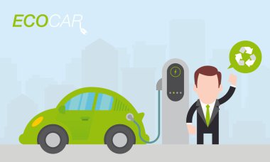 Vektör şehirde yeşil elektrikli bir arabayı şarj ediyor. Basit çizgi film grafiği.