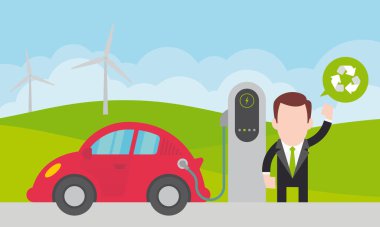 Vektör adam kırmızı elektrikli bir arabayı doğada şarj ediyor. Basit çizgi film grafiği.