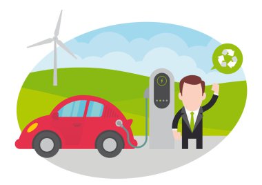 Vektör adam kırmızı elektrikli bir arabayı doğada şarj ediyor. Basit karikatür grafiği. Beyaz arkaplanda izole