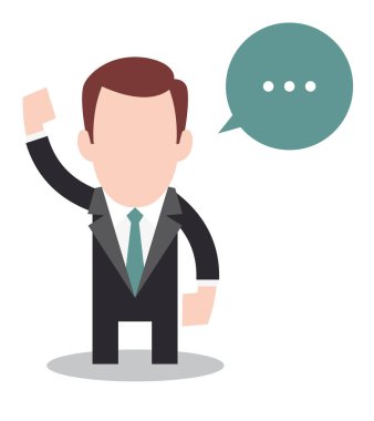 Kaldırılmış el ve konuşma balonu olan vektör karikatür işadamı. Avatar karakter çizimi tasarımı. Beyaz arkaplanda izole.