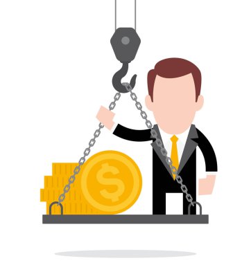 Vinç makinesi tarafından çalınan bir dolarla bir rampada duran vektör yöneticisi. İzole edilmiş beyaz arkaplan.