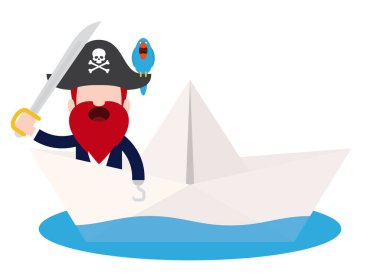 Tahta bacak kancası ve kağıt gemide kılıç olan korsan vektörü. İzole edilmiş beyaz arkaplan.