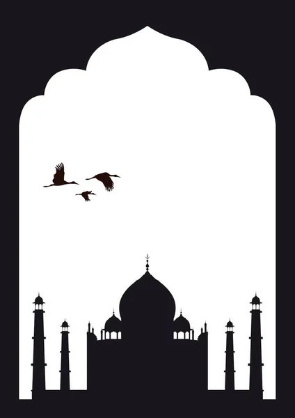 Vector Silhouet Indisch Frame Met Taj Mahal Vliegende Reigers — Stockvector