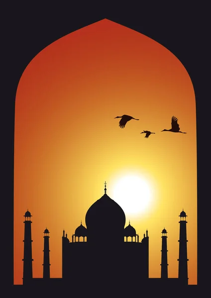 Vectorkleurige Zonsondergang Silhouet Indisch Frame Met Taj Mahal Vliegende Reigers — Stockvector