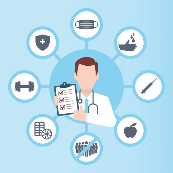 Diagrama Vectorial Prevención Del Coronavirus Doctor Círculo Iconos Prevención — Vector de stock