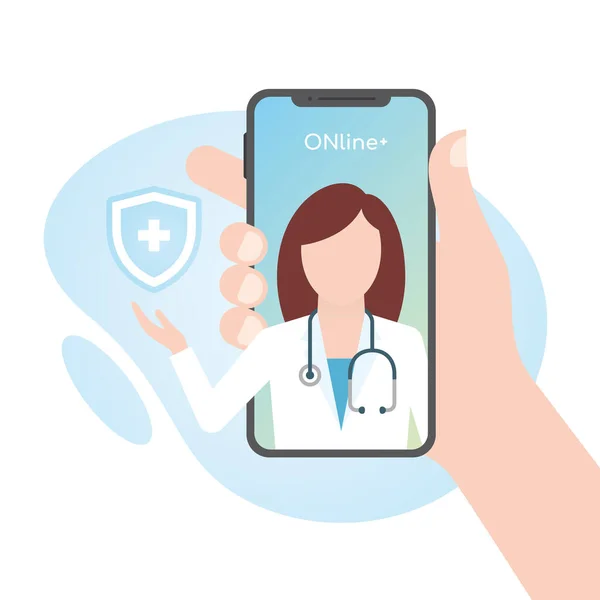 Akıllı telefonu tutan vektör el. İçinde önlemeye yardım eden çevrimiçi bir doktor var. Beyaz arkaplanda izole.