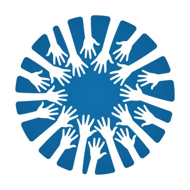 Vektör simgesi. Mavi çemberde bir sürü el var. Beyaz arkaplanda izole.