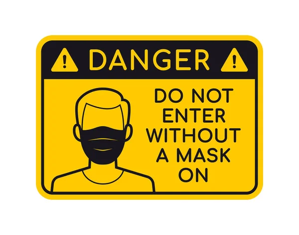 テキスト付きのベクトルイエローの長方形の記号 マスクなしで入力しないでください フェイスマスクを持つキャラクター 白地に隔離された — ストックベクタ