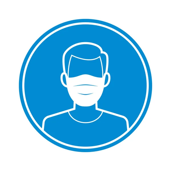 Signo Círculo Azul Vectorial Hombre Silueta Blanca Con Máscara Facial — Vector de stock