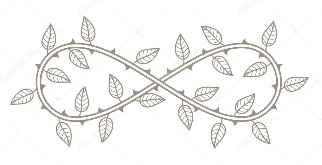 Vector symbol of endless love. Roses with thorns and leaves. Isolated on white background.