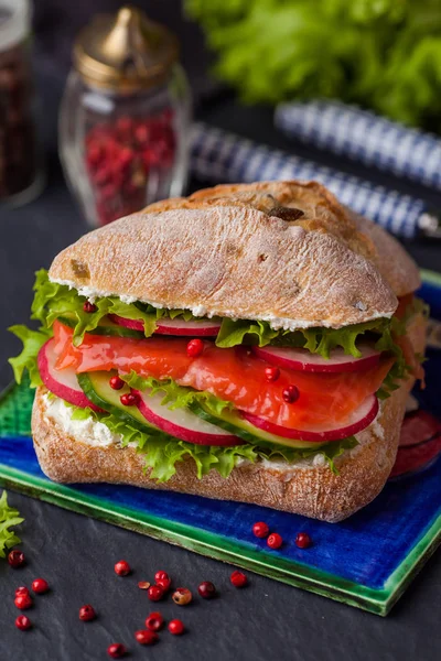 Ciabatta sandviç somon, sebze ve taze salata ile woo