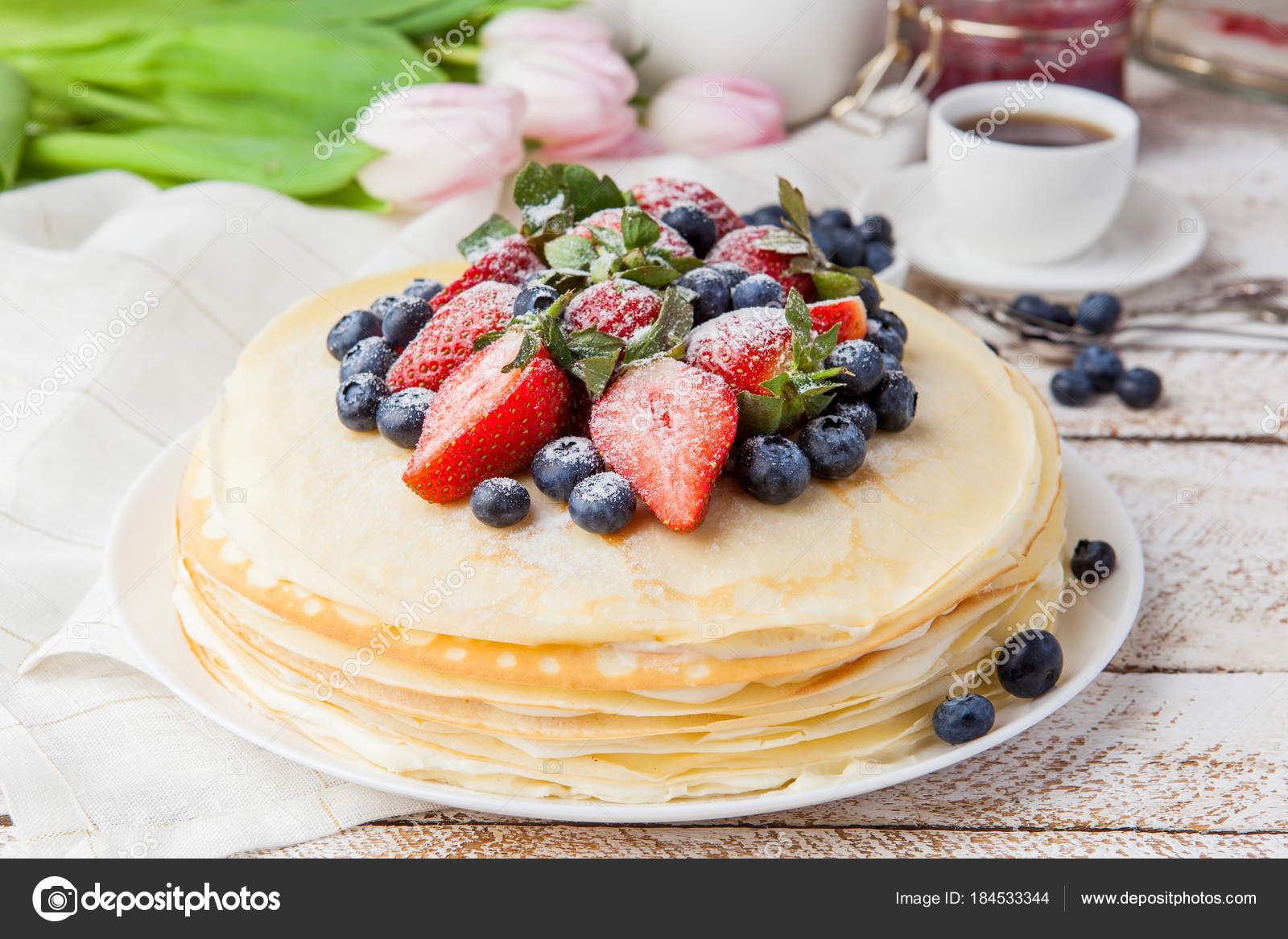 Traditional Crepes Cake With Cottage Cheese And Strawberry Sele