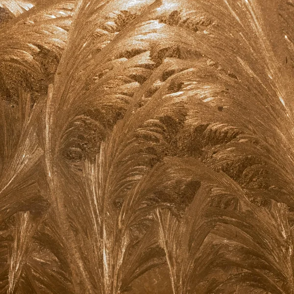 Fagyasztott Textúrájú Ablaküveg Téli Jégfagy Téli Arany Színű Dísz — Stock Fotó