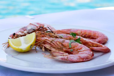 Yuvarlak beyaz tabaktabaktabakta büyük ızgara karidesler, doğranmış limon ve kıyılmış maydanoz. Lezzetli taze hazırlanmış deniz ürünleri