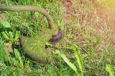 Çim biçme ekipmanı. Çim biçme makinesi parkta ya da arka bahçede yeşil çim biçiyor.