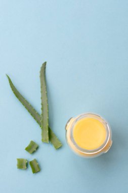 Krem ve aloe esanslı şeffaf cam kavanoz. Aloe bitkisi dilimleriyle mavi zemin üzerinde. Yumuşak kremin organik nemlendirici olarak canlandırılması.