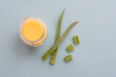 Soluk yeşil arkaplandaki aloe vera bitkisiyle bir kavanoz nemlendirici krem. Yumuşak kremi organik nemlendirici olarak canlandırıyor. Boşluğu kopyala