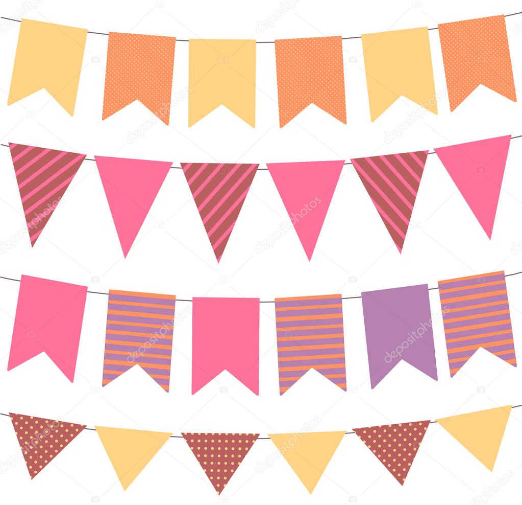 Holiday celebration background with a garland. Bunting flag banner with dots and snowflakes. Vector illustration.