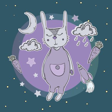 Sevimli çizgi bebeği tavşan, elle çizilmiş vektör çizim. Bebek t-shirt baskı, moda baskı tasarımı için çocuk giyim,-ebilmek var olmak kullanılmış bebek duş kutlama tebrik ve davetiye kartı.