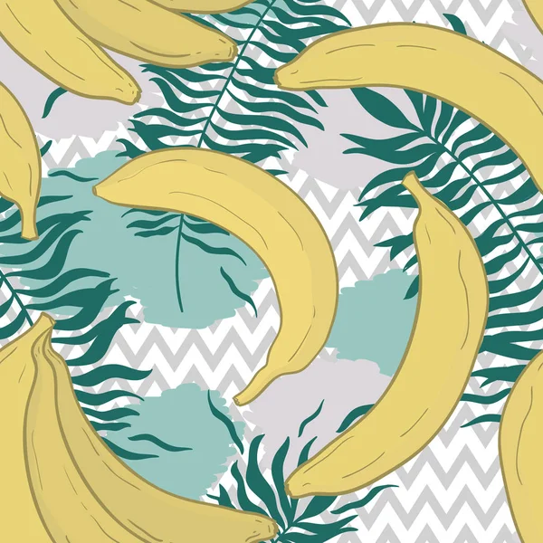 Бесшовный рисунок с тропическими пальмовыми листьями и бананами. Векторная иллюстрация. — стоковый вектор