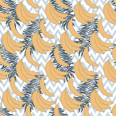 Tropik palmiye yaprakları ve muzlarla kusursuz desen. Vektör illüstrasyonu.