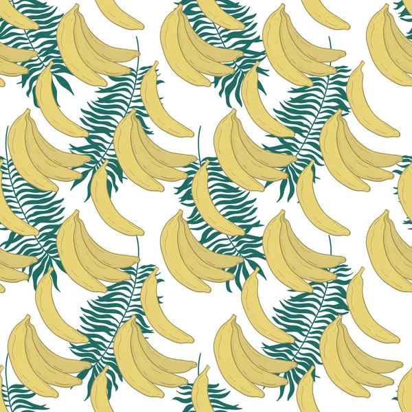 Modello senza cuciture con foglie di palma tropicale e banane. Illustrazione vettoriale. — Vettoriale Stock