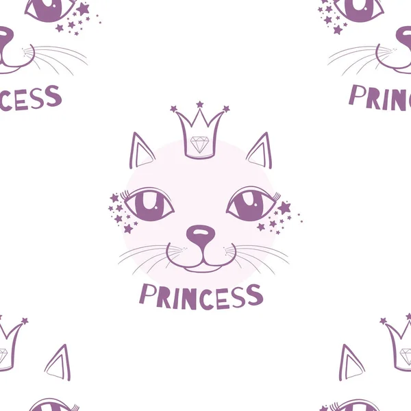 Vector sömlös söta grafiska katter print, munkorg, mustasch, öron, crown, ögon — Stock vektor