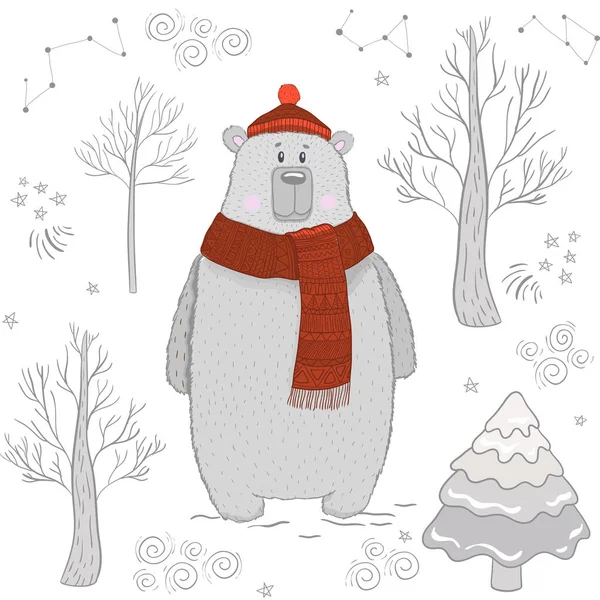 Niedliches Set mit Bär, Baum, Baum, Sternen, Schneeflocke — Stockvektor