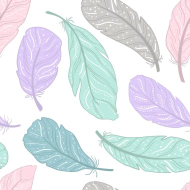 Desen farklı tüyleri beyaz bir arka plan üzerinde boyanır. Hassas renklerde boyanmış.