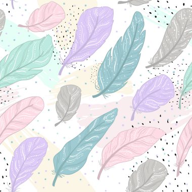 Desen farklı tüyleri beyaz bir arka plan üzerinde boyanır. Hassas renklerde boyanmış.