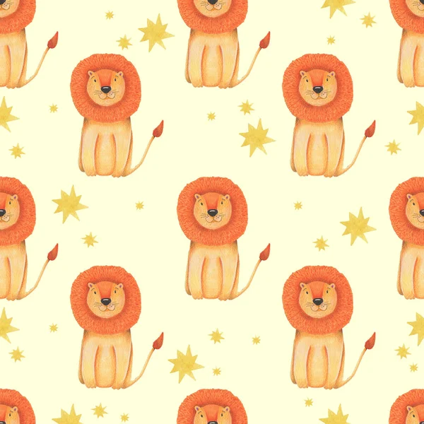 Watercolor pattern animal cute lion on a yellow background, star, garland, clouds. Hand draw illustration.