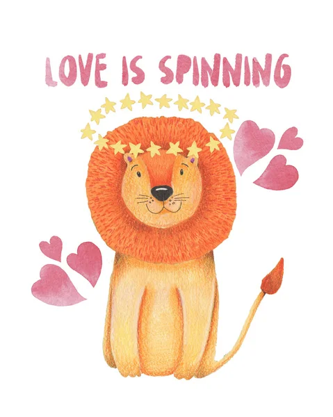 Watercolor illustration animal cute lion on a white background, heart,star,clouds. Hand draw illustration. Valentine\'s card.
