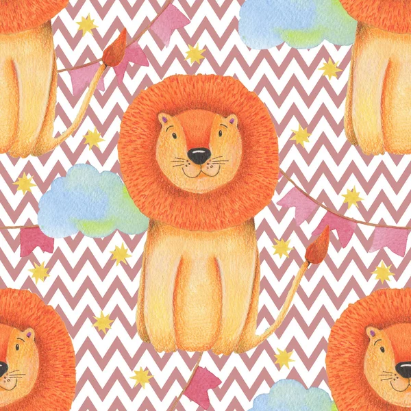 Watercolor pattern animal cute lion circus on a white background, star, garland, clouds. Hand draw illustration.