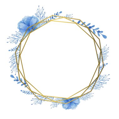 Altın Çerçeve mavi suluboya renkler ile. Düğün davetiyeleri, kartpostallar ve diğer projeler için uygun.