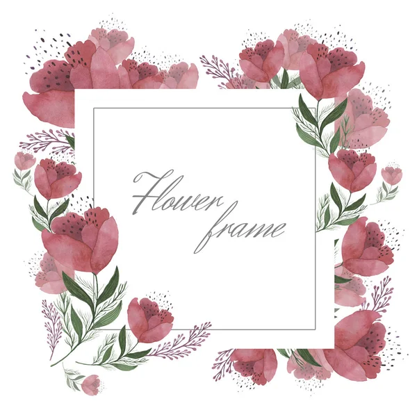 Cornice ad acquerello fiore rosa. Adatto per inviti di nozze, cartoline e manifesti . — Foto Stock