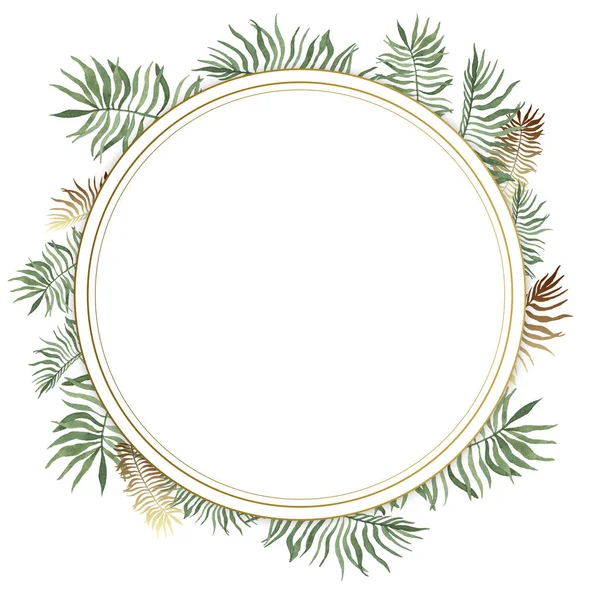 Round tropical frame, template with place for text. Watercolor illustration, isolated on white background.