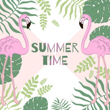Tropikal yaprak ve Flamingo yaz afiş, grafik arka plan, egzotik çiçek davet, el ilanı veya kartı Modern ön sayfa vektör