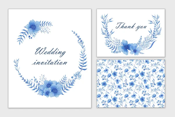 Conjunto de tarjetas de boda con flores azules. Acuarela dibujar a mano. Invitación, postal . —  Fotos de Stock