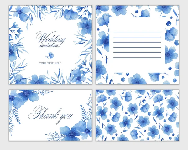 一套带蓝色花的结婚贺卡。水彩手画。请柬、明信片. — 图库照片